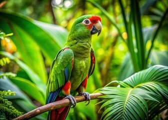 Vibrant Green Parrot Perched on a Branch Surrounded by Lush Foliage in a Tropical Environment