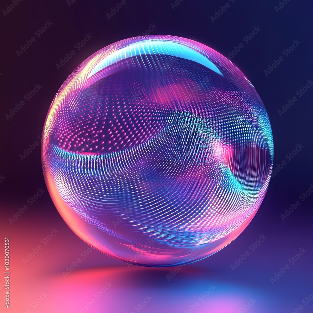Poster A floating 3D orb made of abstract holographic patterns, radiating soft neon light