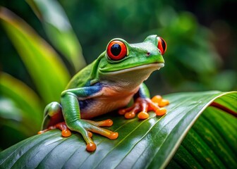 Fototapeta premium Vibrant Green Tree Frog Sitting on Leaf in Lush Rainforest Environment with Natural Habitat Surroundings