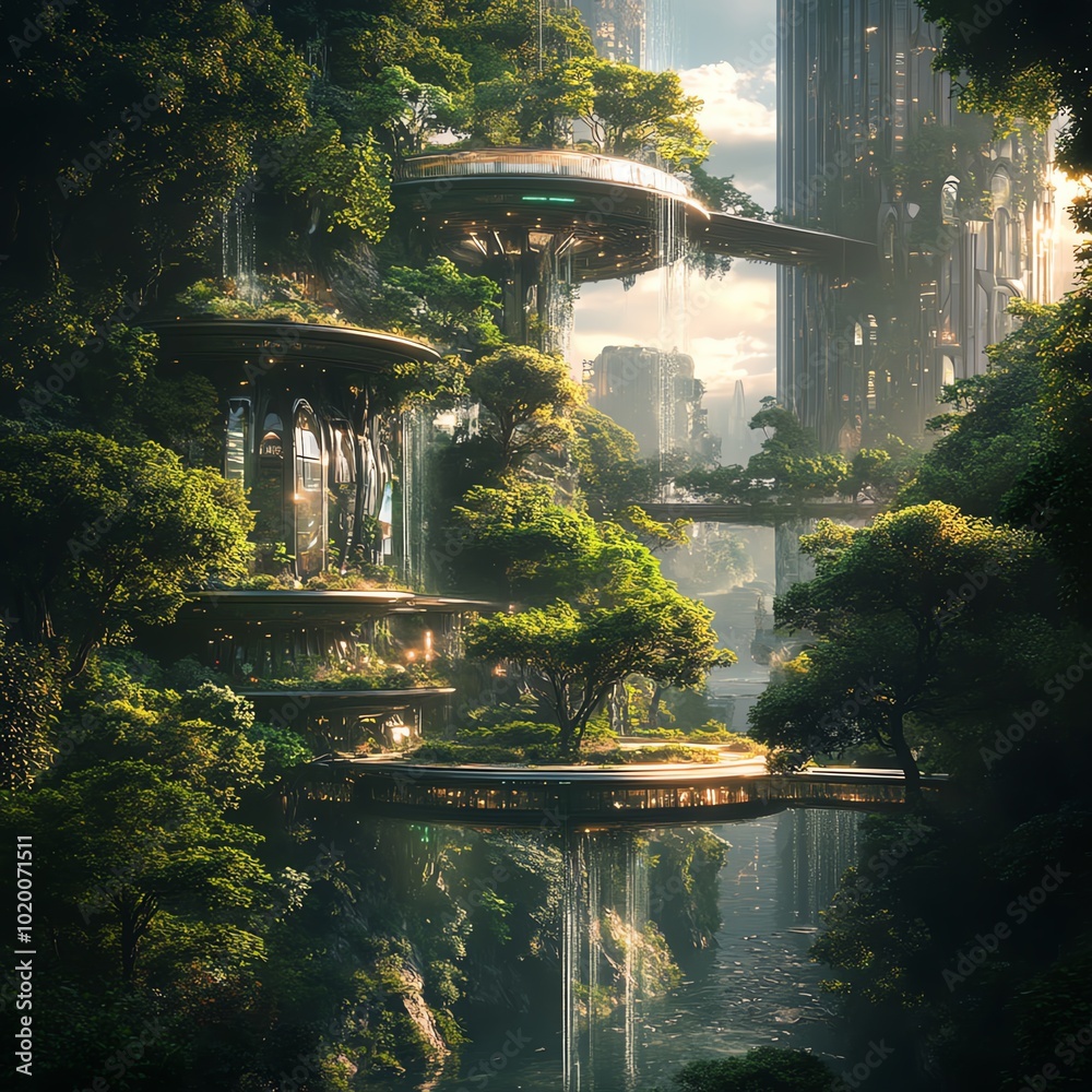 Aufkleber a fusion of organic forest elements with futuristic city structures, creating a landscape where natu