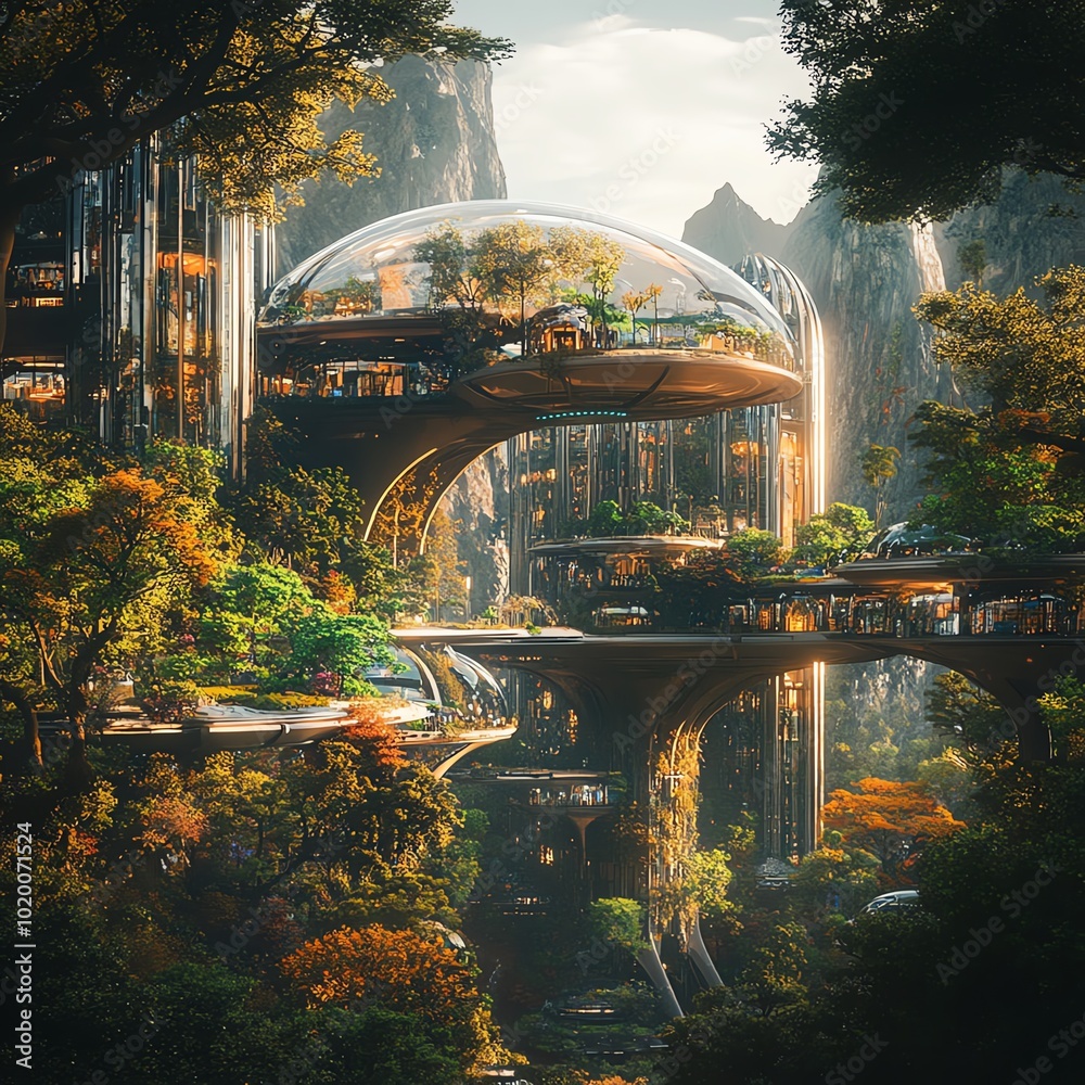 Poster A fusion of organic forest elements with futuristic city structures, creating a landscape where nature and technology merge