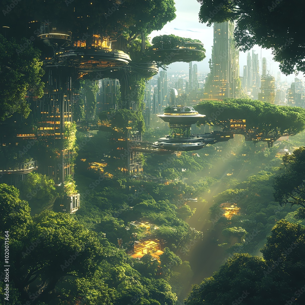 Poster A fusion of organic forest elements with futuristic city structures, creating a landscape where nature and technology merge