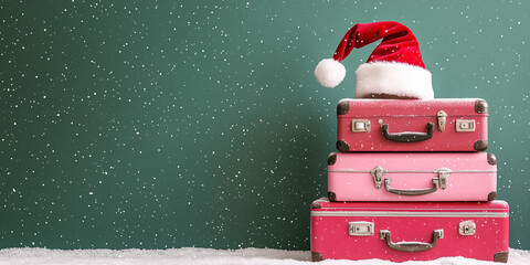 suitcase ready for holiday adventures amidst a snowy backdrop. Ideal for travel brochures, holiday greeting cards, or social media posts celebrating the spirit of the season!banner/web/design/flyer