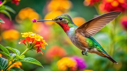 Fototapeta premium Vibrant Hummingbird Feeding on Colorful Flowers in a Lush Green Garden Under Bright Sunlight