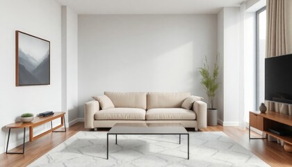 Modern minimalist living room in a compact space, light gray walls, soft beige sofa, and a glass-top coffee table with clean, sharp lines.