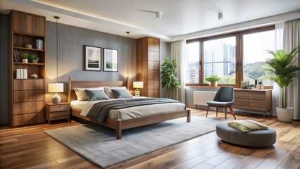 Fototapeta premium Chic, simple bedroom furnishings promise lasting comfort and flexible decor, seamlessly fitting into modern living spaces while exuding a classic charm that transcends trends.