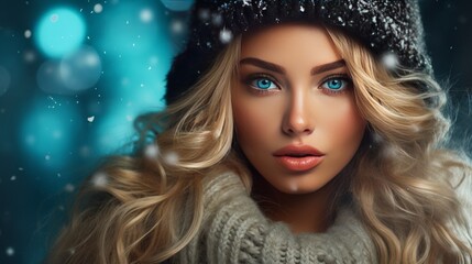 Beautiful woman looking at camera on winter background