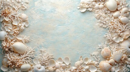 Obraz premium Seashells and Coral on a Blue and White Textured Background