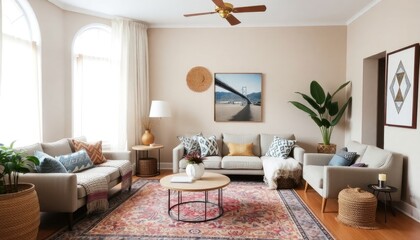 Bohemian living room with a unique combination of modern and vintage styles, featuring soft beige walls, a colorful rug, and an eclectic mix of decorative pillows.
