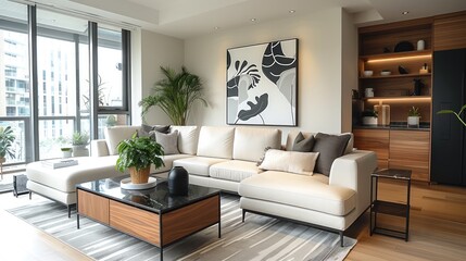 Minimalist living room with a sleek white sectional sofa, a black glass coffee table, and modern black-and-white abstract wall art. Wooden sideboard and potted plants in each corner.