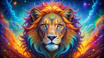 Vibrant Leo Zodiac Sign Illustration Featuring Bold Colors and Astrological Elements on a Canvas