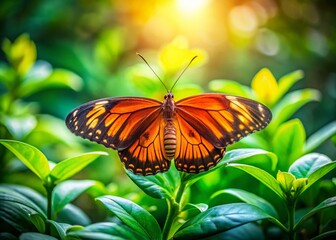 Obraz premium Vibrant Lion Butterfly Resting on Bright Green Leaves in a Lush Garden Setting Under Natural Light