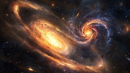 A galactic collision in deep space, with billions of stars merging and creating new galaxies