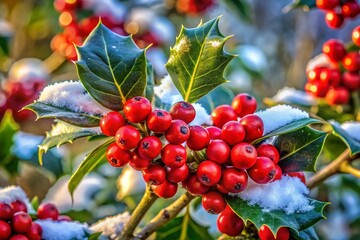 Obraz premium Vibrant Longstalk Holly Berries and Leaves Against a Soft Focus Background in Winter Season