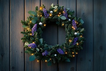 Festive Christmas Wreath With Lights and Purple Flowers