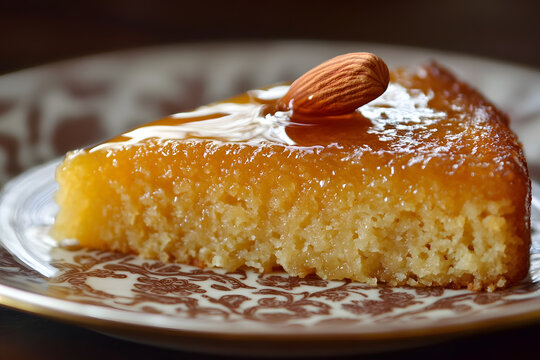 Traditional basbousa slice made from semolina, soaked in sweet syrup and topped with a drizzle of golden honey.