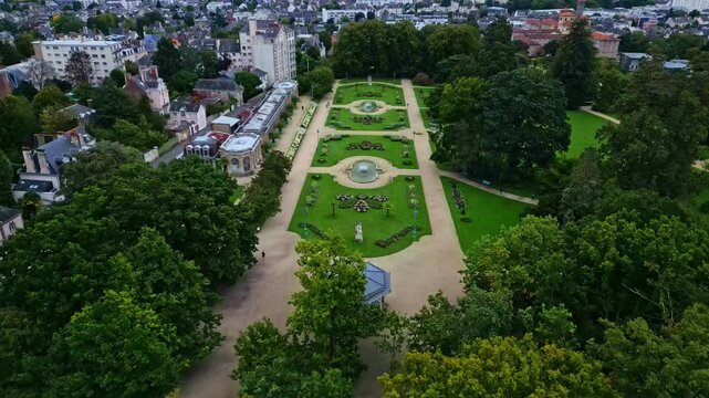 Amazing aerial movement about the Parc du Thabor's huge parkside, Rennes, France.