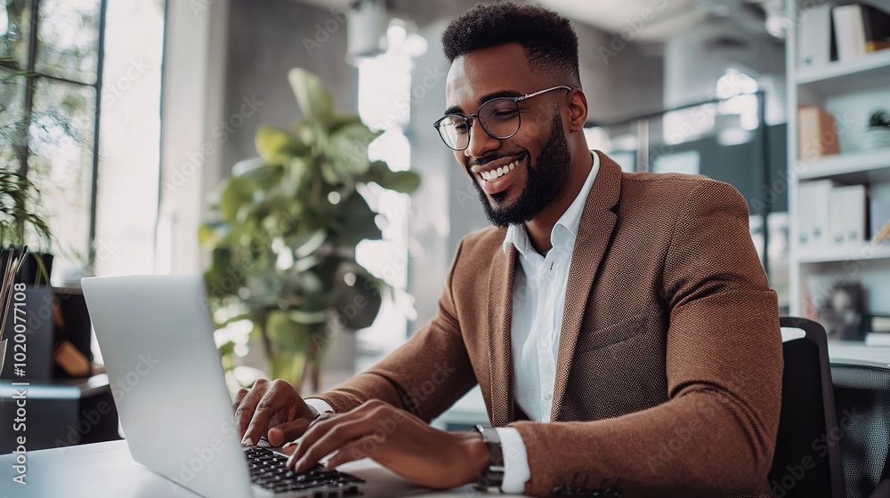 Sticker Professional Man Working on Laptop in Modern Office