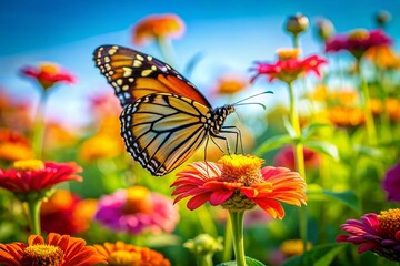 Obraz premium Vibrant Monarch Butterfly Perched on Colorful Flower in a Lush Green Garden Under Bright Sky