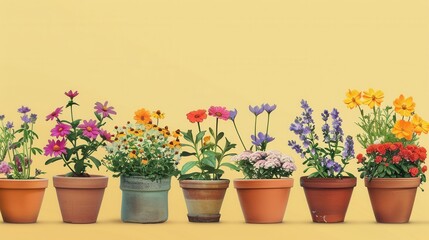 Fototapeta premium Various flowers in decorative pots showcase their vibrant colors against a soft background, creating a cheerful display. Generative AI