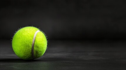 A bright green tennis ball placed on a dark, textured background, emphasizing its vibrant color and detailed texture with a shadowy, minimalistic atmosphere