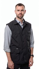 Fototapeta premium Serious male wearing a black vest with pockets on a white background 