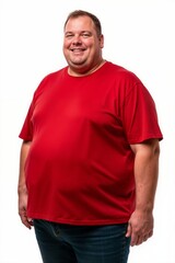 Fototapeta premium Cheerful overweight man smiling in a red t-shirt on a white background