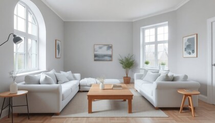 Bright and airy Scandinavian living room, featuring soft gray walls, a plush white sofa, and a light oak coffee table. A large window floods the room with natural light, and simple decor