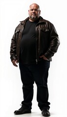 Naklejka premium Serious overweight man in a black t-shirt and brown leather jacket on a white background