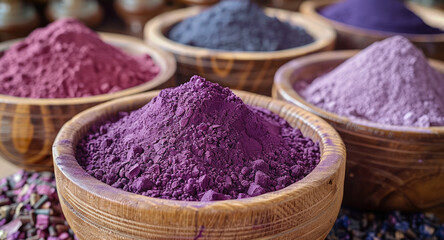 Wooden bowls with purple powder of different shades, piled up inside at the eastern market.