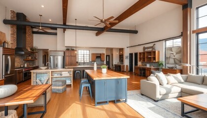 Industrial living room with an open concept, showcasing a large kitchen island, rustic wood accents, and a blend of metal and wood furniture, with a warm color palette.
