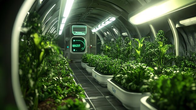 Futuristic hydroponic garden inside a spaceship or space station.