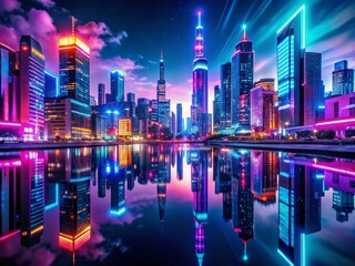 Fototapeta premium Vibrant Neon City Background with Glowing Lights and Reflections for Urban and Futuristic Themes