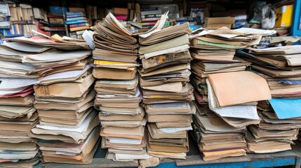 Stacks of worn, old books and papers collected in a busy market in the early morning light,...