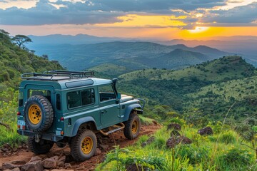 Safari adventure  a vehicle on the african savannah with a stunning sunset backdrop