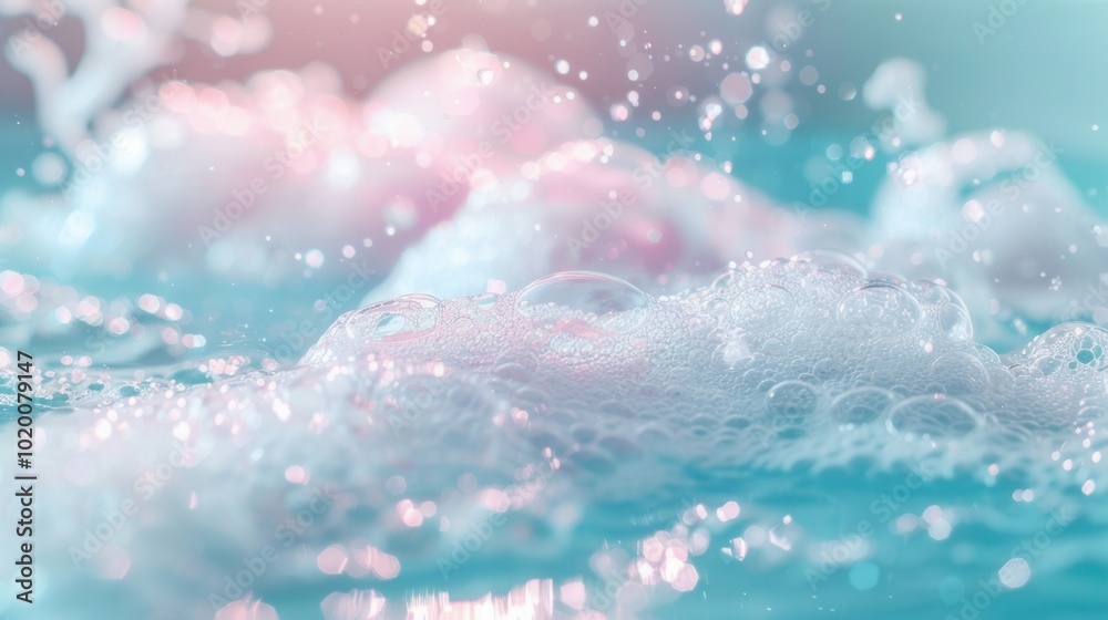 Fototapete Bubbles form a soft foam surface in a serene bath, creating a peaceful atmosphere filled with sparkling water reflections. Generative AI
