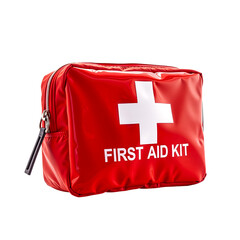 Red First Aid Kit: A close-up shot of a red, zippered first aid kit with a white cross and the words "FIRST AID KIT" printed on it. The kit is perfect for home, office, or travel.