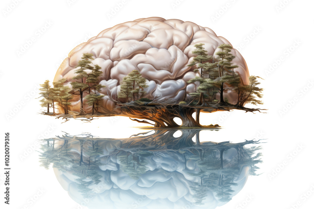 Poster a surreal blend of a brain and nature, featuring trees and a reflective water surface against a whit