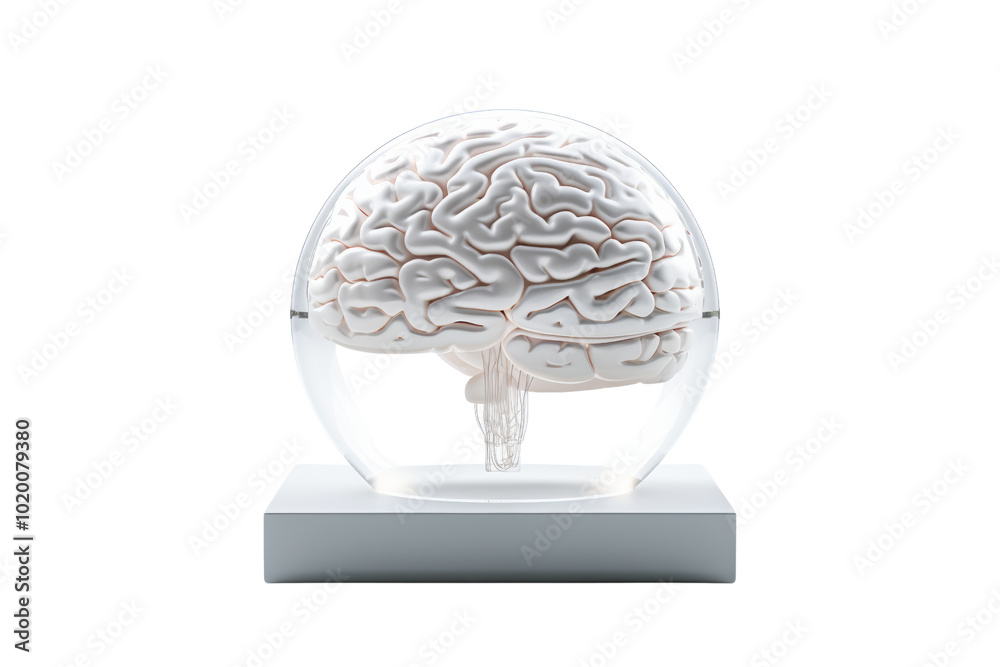 Poster A transparent model of a human brain displayed on a white base, symbolizing cognitive functions and neuroscience.