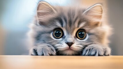 Obraz premium Adorable gray kitten with large eyes peeking over a wooden surface indoors in soft lighting