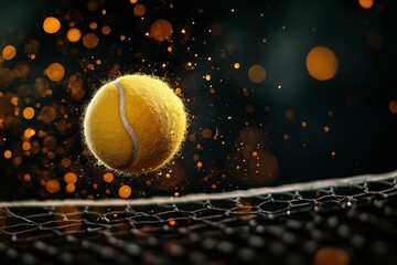 A yellow tennis ball resting on a tennis net with orange bokeh lights in the background, creating a dramatic and energetic sports moment with a focus on the ball's texture and the net