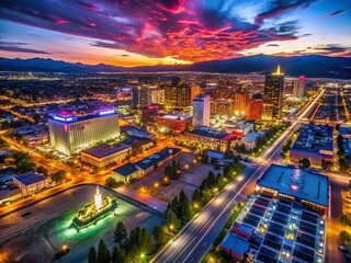 Obraz premium Vibrant Neon Lights Illuminate the Night Sky Over Reno's Iconic Downtown Cityscape and Streets