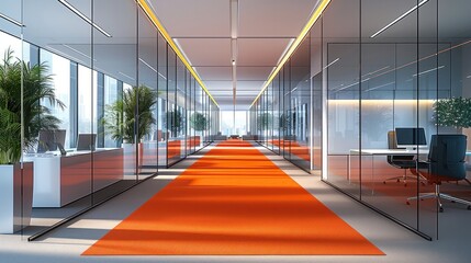 Modern style office, colored glass partition door, and also an open office area. desks and chairs, there is a low saturation orange red carpet with light strips.