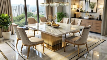 Chic marble-top dining table designed for modern interiors, offering a perfect blend of elegance and practicality for social gatherings and dining occasions.