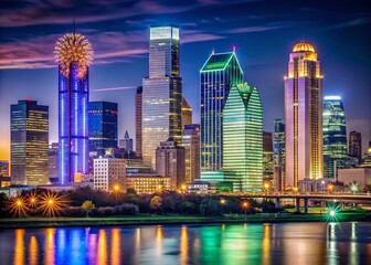 Fototapeta premium Vibrant Nighttime Skyline of Downtown Dallas, Texas Showcasing City Lights and Modern Architecture