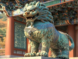 Fototapeta premium A Korean Haetae, a lionlike guardian, standing fiercely in front of a royal palace