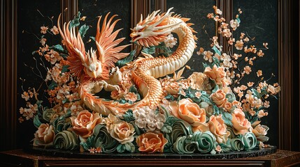 Obraz premium A lavish, ornate cake featuring a dragon and phoenix entwined among blooming roses and orchids, against a regal backdrop