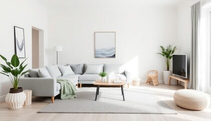 Scandinavian-inspired living room with a calming color palette, featuring soft white walls, a light gray sofa, and a unique geometric rug. The decor is kept minimal and clean.