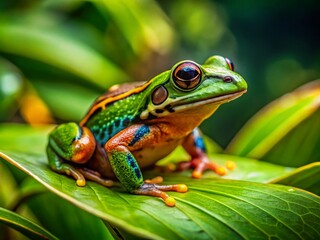 Naklejka premium Vibrant Packan Frog Sitting on Leaf in Lush Green Environment Surrounded by Nature's Beauty