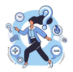 Critical thinking. A woman is surrounded by various question marks and symbols such as a clock and fire. Ideal for education, problem-solving, reasoning, decision-making, logic. Cartoon, modern